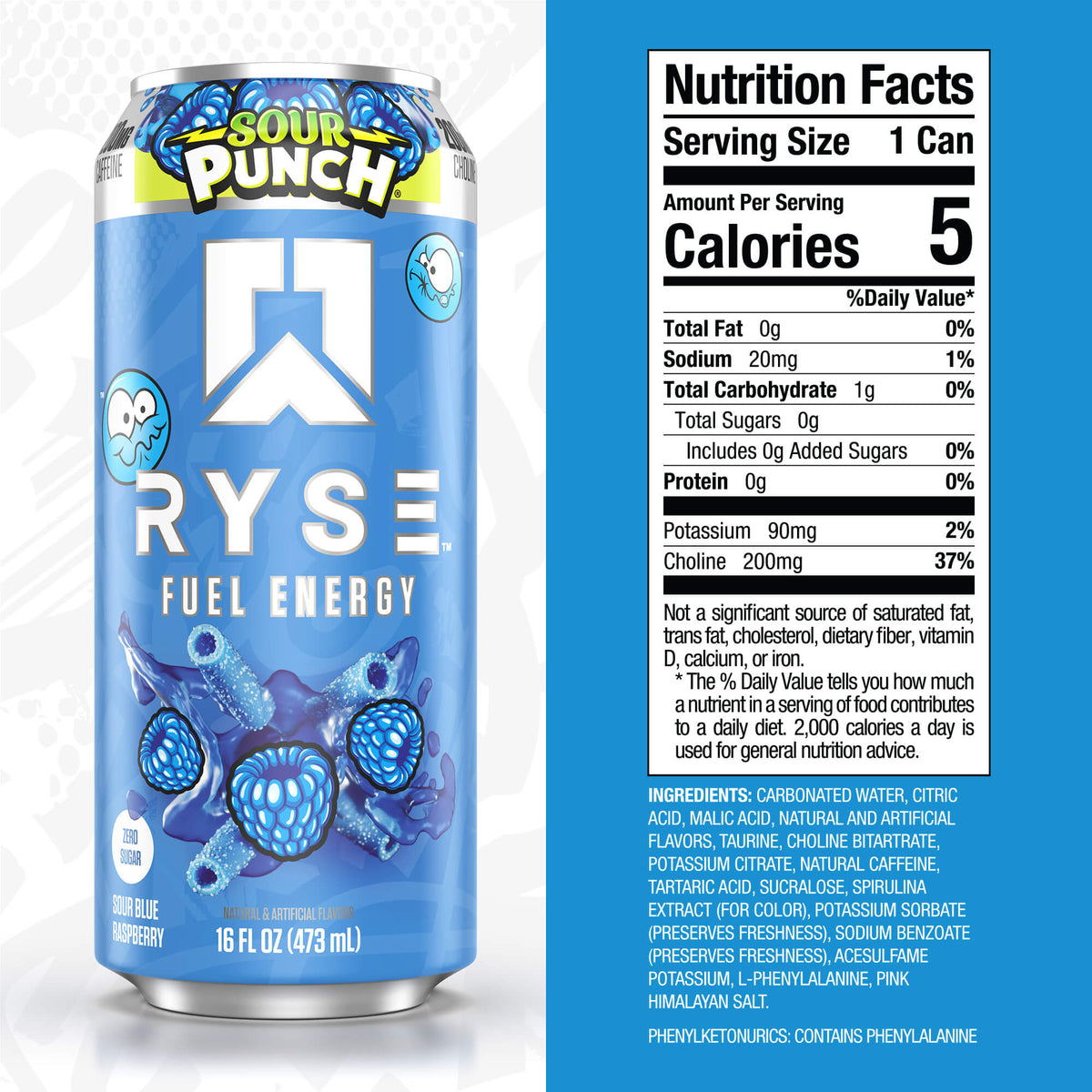 RYSE Fuel Energy Drink 16 fl oz Cans (12-Pack) Sour Punch Blue Raspberry - RYSE Supplements