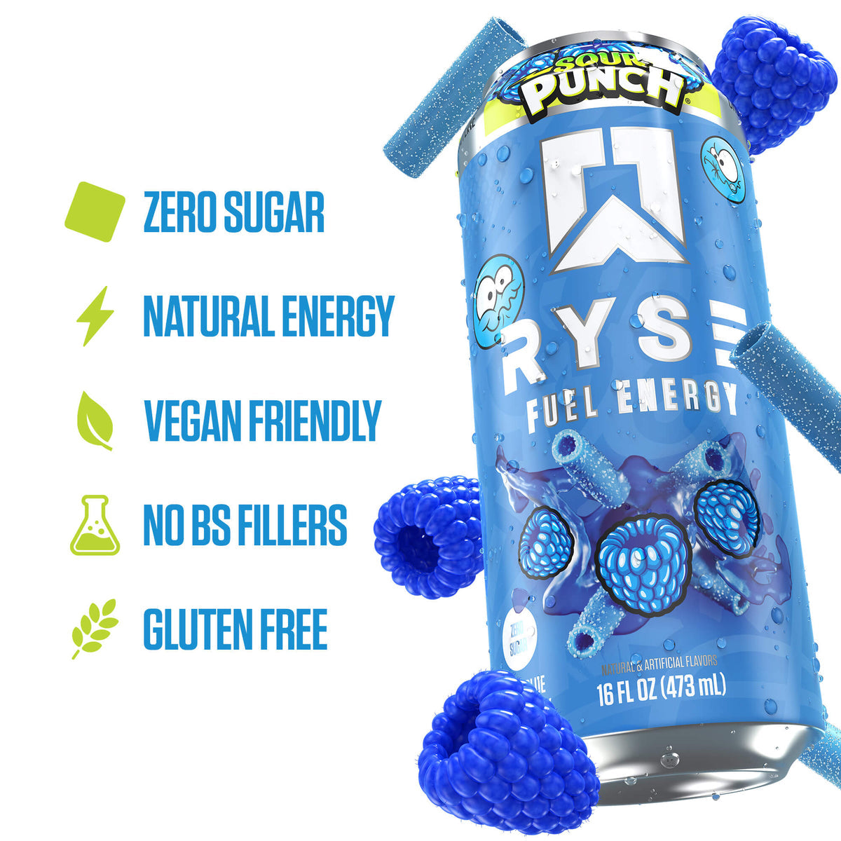 RYSE Fuel Energy Drink 16 fl oz Cans (12-Pack) Sour Punch Blue Raspberry - RYSE Supplements