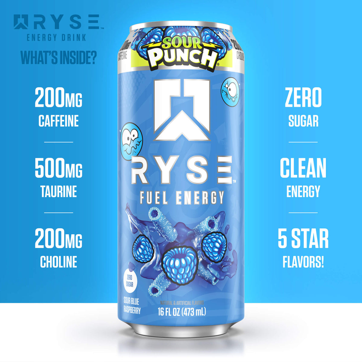 RYSE Fuel Energy Drink 16 fl oz Cans (12-Pack) Sour Punch Blue Raspberry - RYSE Supplements