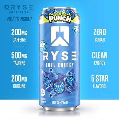 RYSE Fuel Energy Drink 16 fl oz Cans (12-Pack) Sour Punch Blue Raspberry - RYSE Supplements