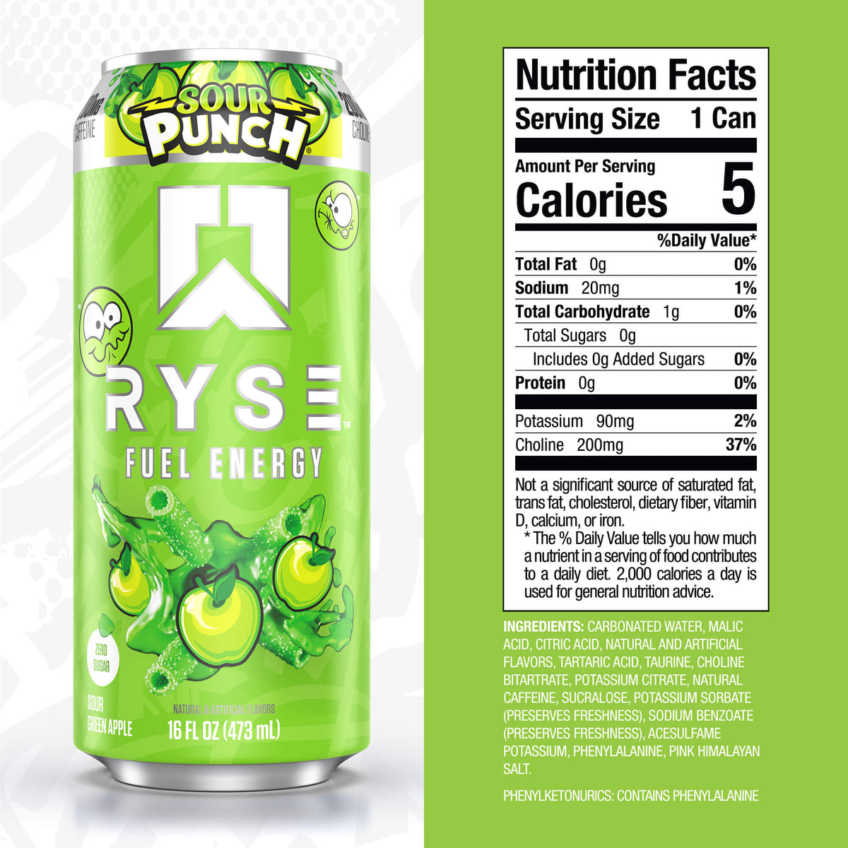 RYSE Fuel Energy Drink 16 fl oz Cans (12-Pack) Sour Punch® Sour Green Apple - RYSE Supplements