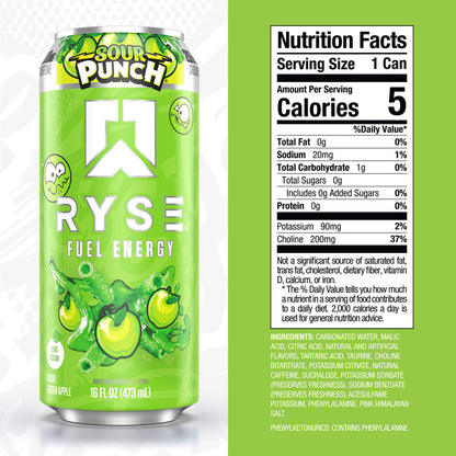 RYSE Fuel Energy Drink 16 fl oz Cans (12-Pack) Sour Punch® Sour Green Apple - RYSE Supplements
