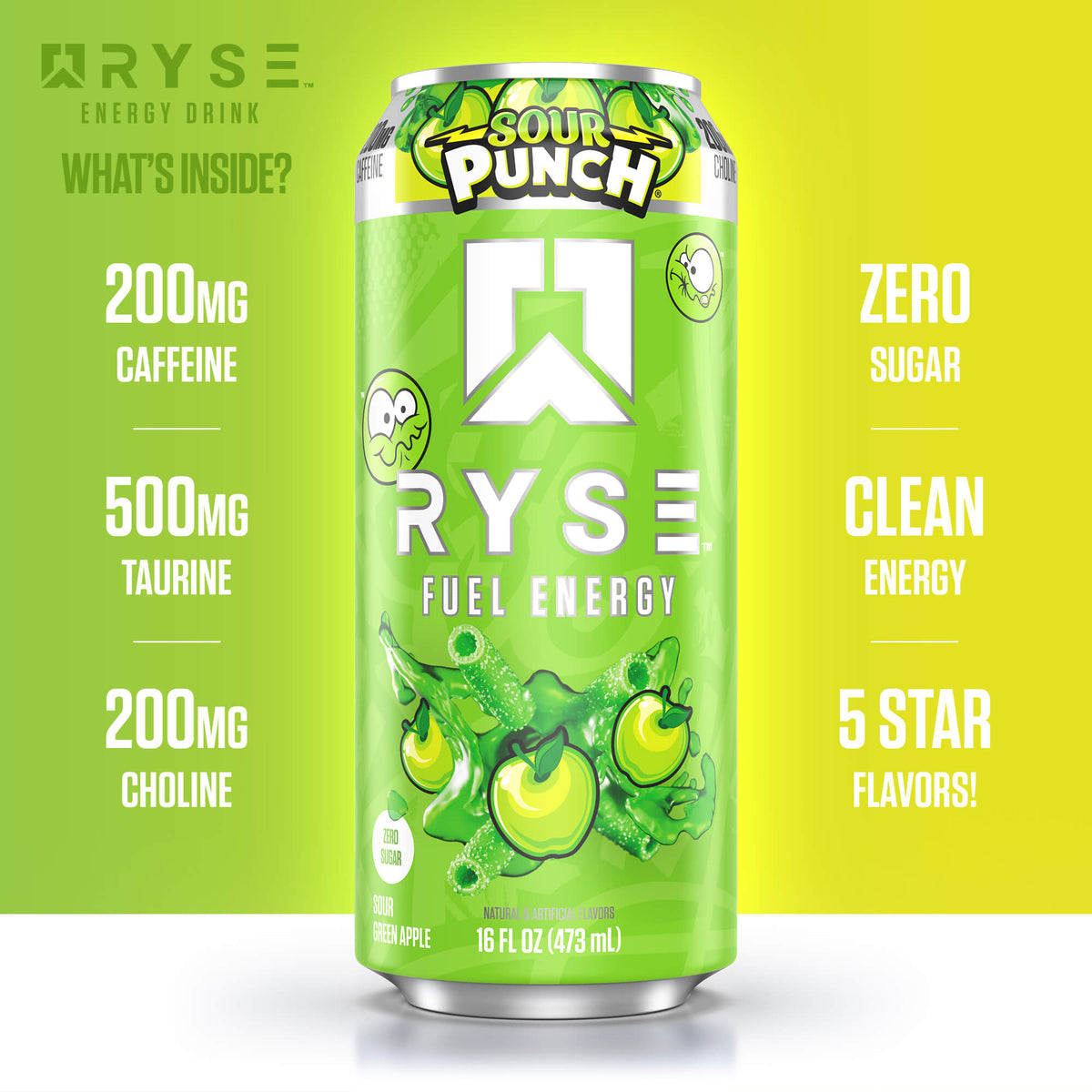 RYSE Fuel Energy Drink 16 fl oz Cans (12-Pack) Sour Punch® Sour Green Apple - RYSE Supplements