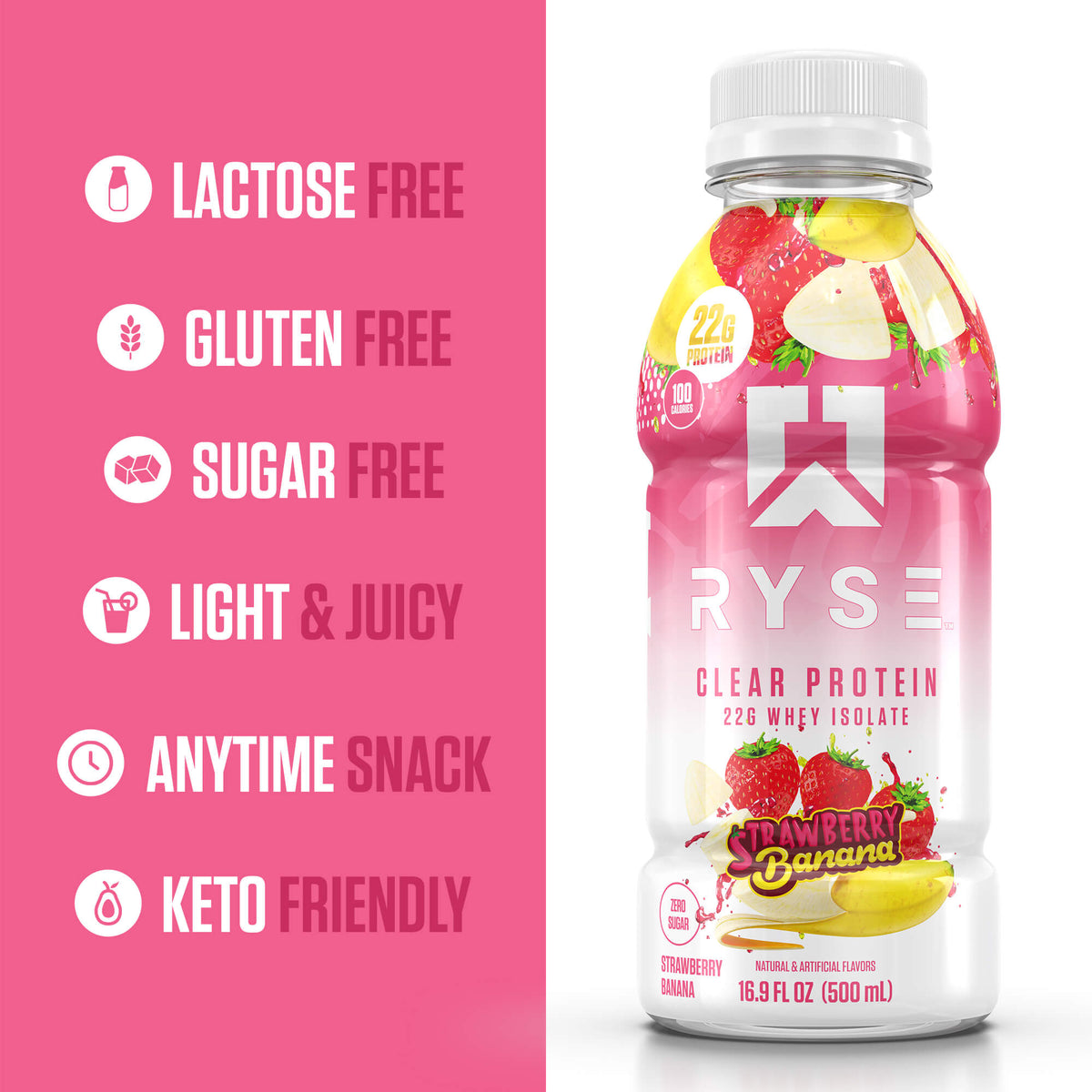Clear Whey RTD Protein (12 Pack) Strawberry Banana Protein Drink - RYSE Supplements
